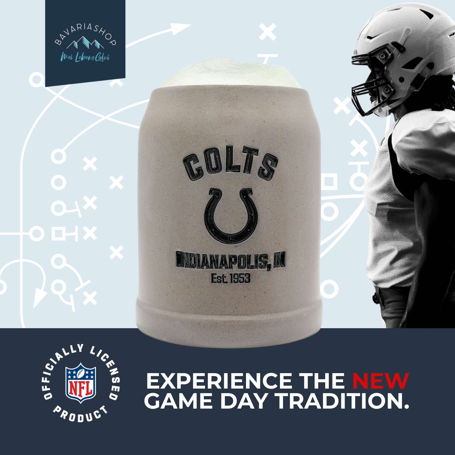 NFL PREMIUM Teamkrug Indianapolis Colts, cremefarben mit schwarzem Logo, gefüllter Krug neben Footballspieler.