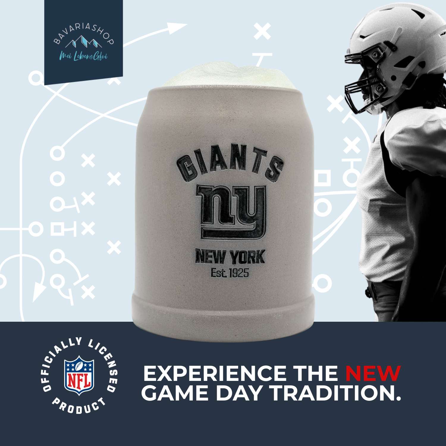 Grauer ®NFL PREMIUM Teamkrug New York Giants mit schwarzem Logo, gefüllt mit Schaum, neben einem Footballspieler. Offizielles Lizenzprodukt.