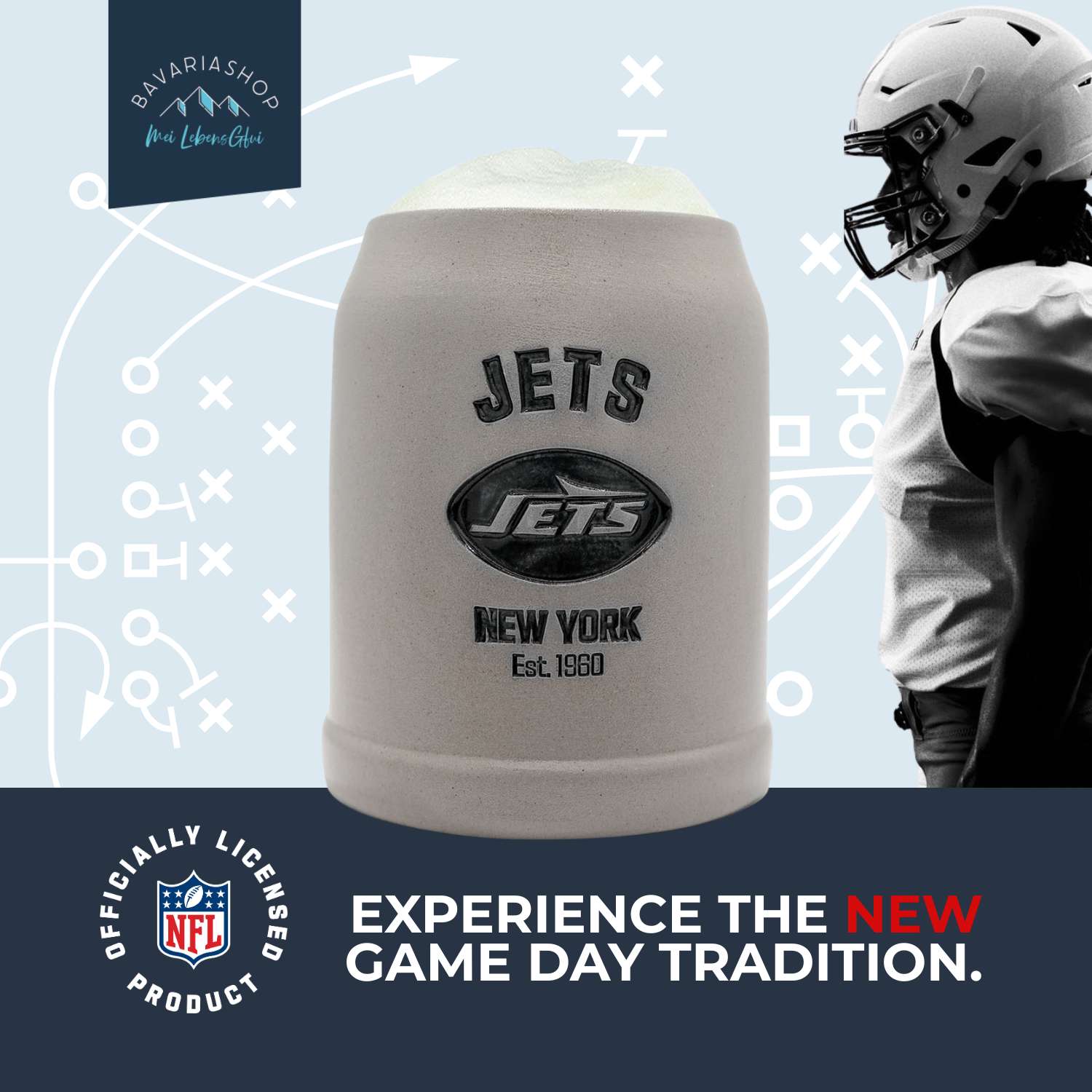 ®NFL PREMIUM Teamkrug New York Jets aus Keramik mit Team-Logo und Schriftzug, gefüllt mit Bier im Football-Themen-Setting.