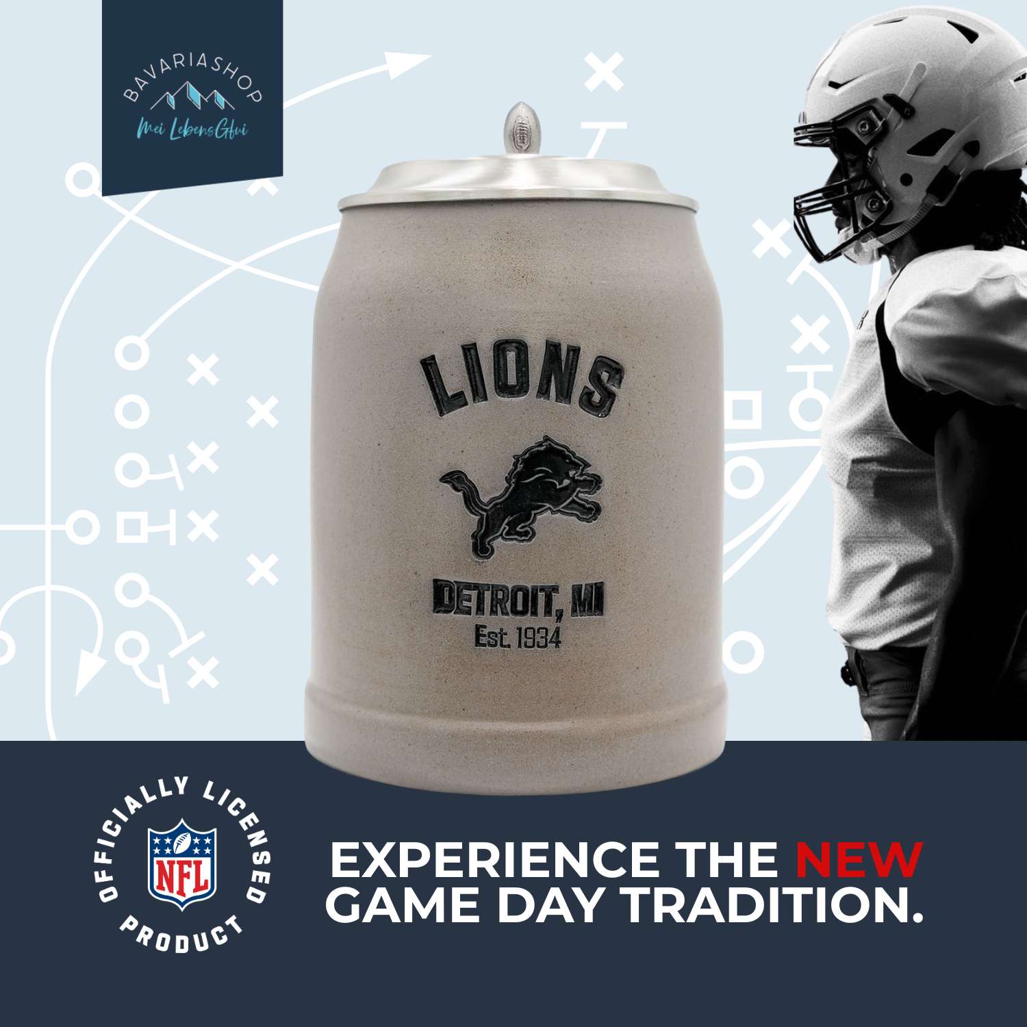®NFL PREMIUM Teamkrug Detroit Lions aus Steinzeug mit Zinndeckel und NFL-Spieler im Hintergrund.