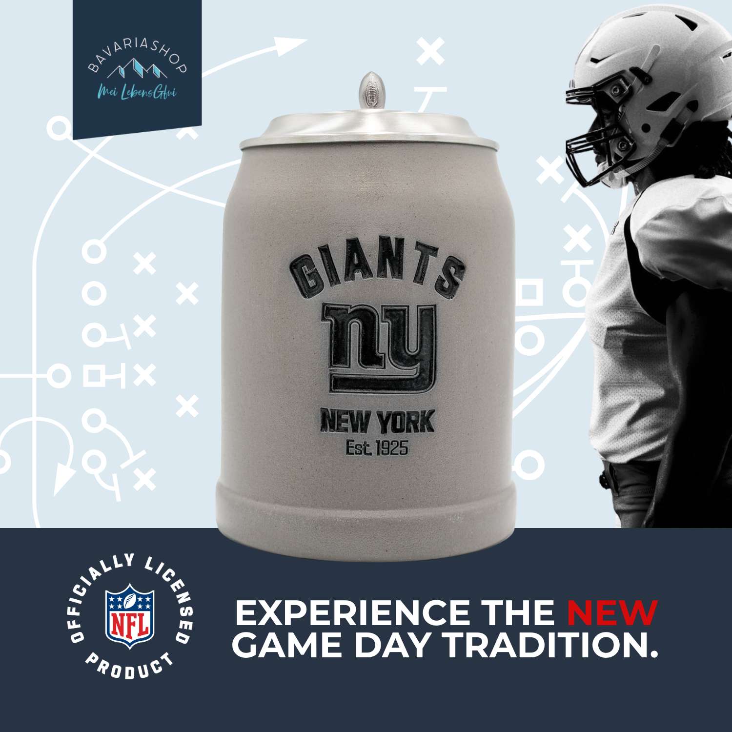 NFL PREMIUM Teamkrug New York Giants, grauer Steinkrug mit NY Giants Logo und Fußballspieler im Hintergrund.
