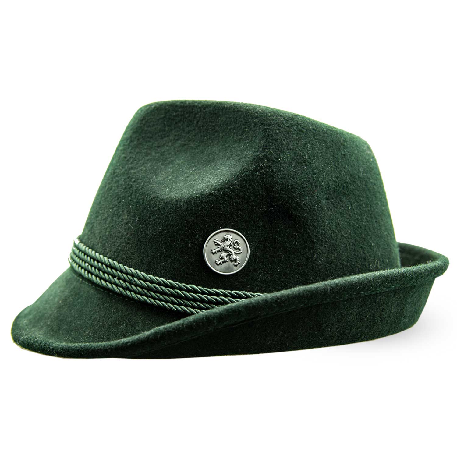 Traditioneller dunkelgrüner Trachtenhut mit einem detailreichen silberfarbenen Pin Löwe.