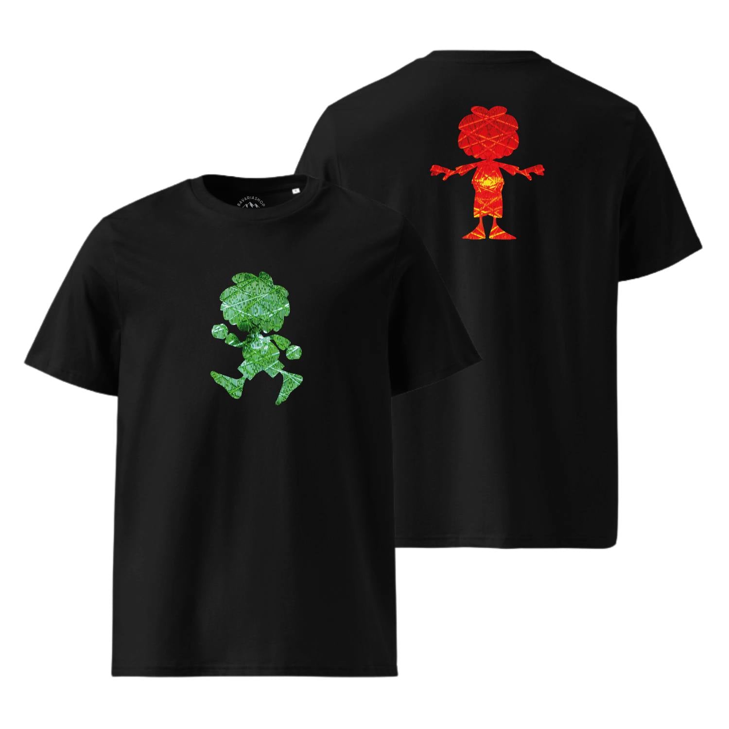 Pumuckl Herren T-Shirt "Ampel-Edition" in Schwarz mit grünem und rotem Pumuckl-Motiv auf Vorder- und Rückseite, detailliert.