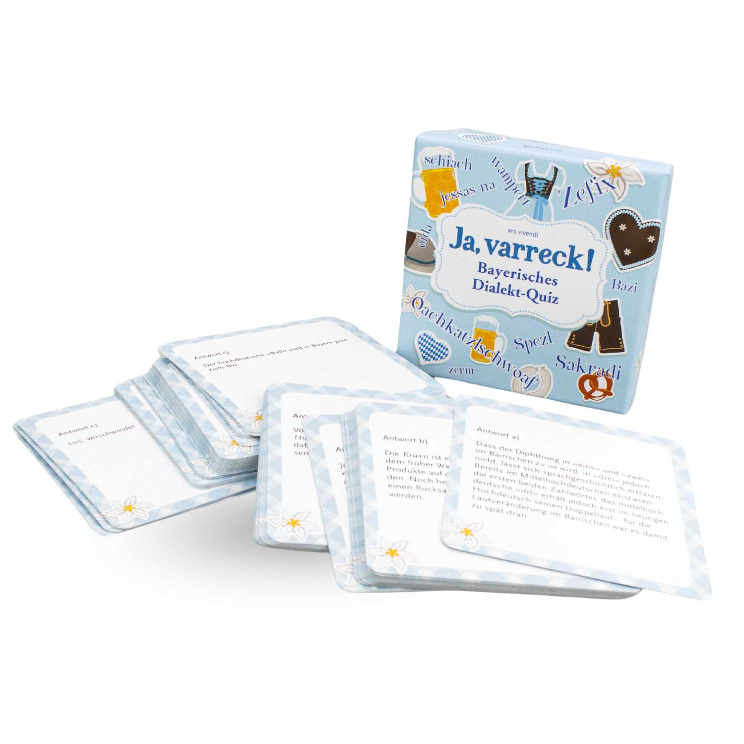 Ja, varreck! Boarisches Dialekt-Quiz Kartenspiel mit Fragen zu bayerischen Wörtern und ihrer Herkunft.