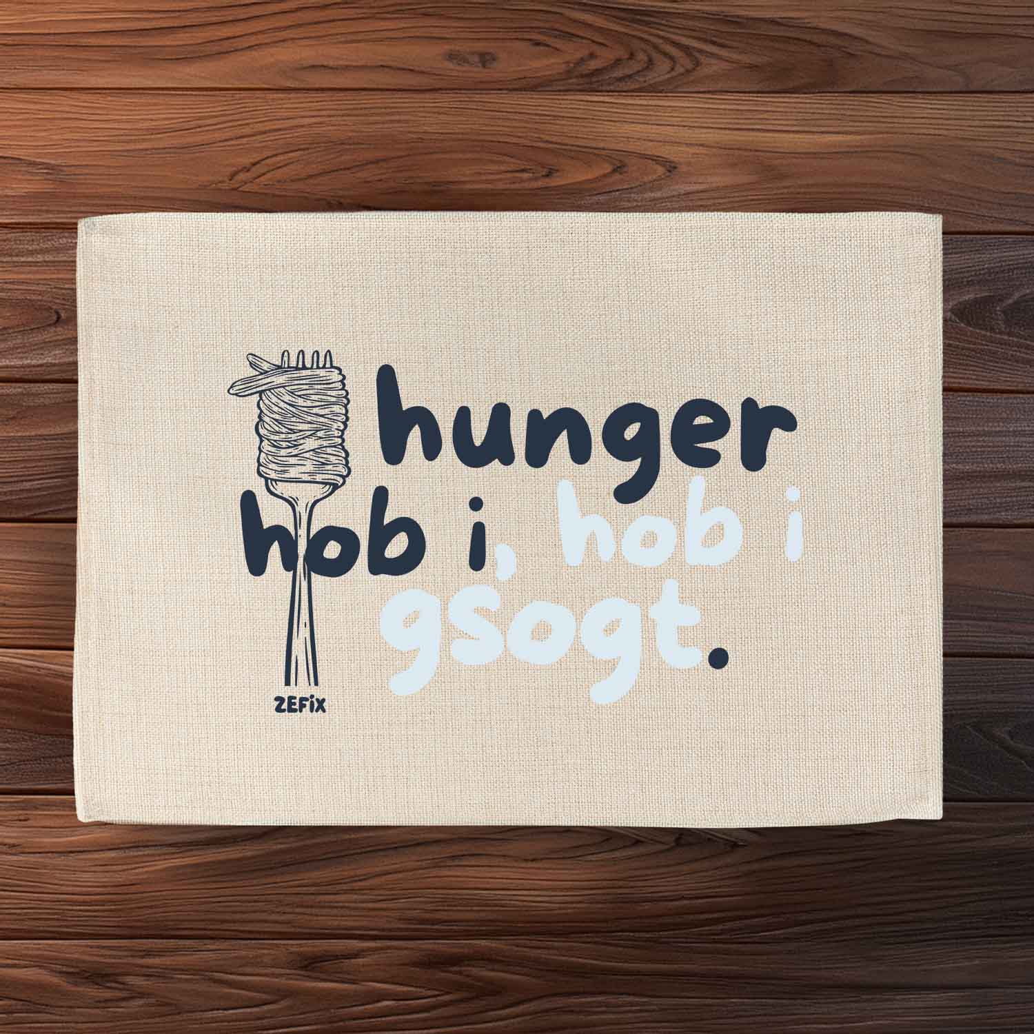 Tischset Hunger hob i mit Gabel und Spaghetti-Motiv auf hellem Stoff, lustiger Spruch für die Küche