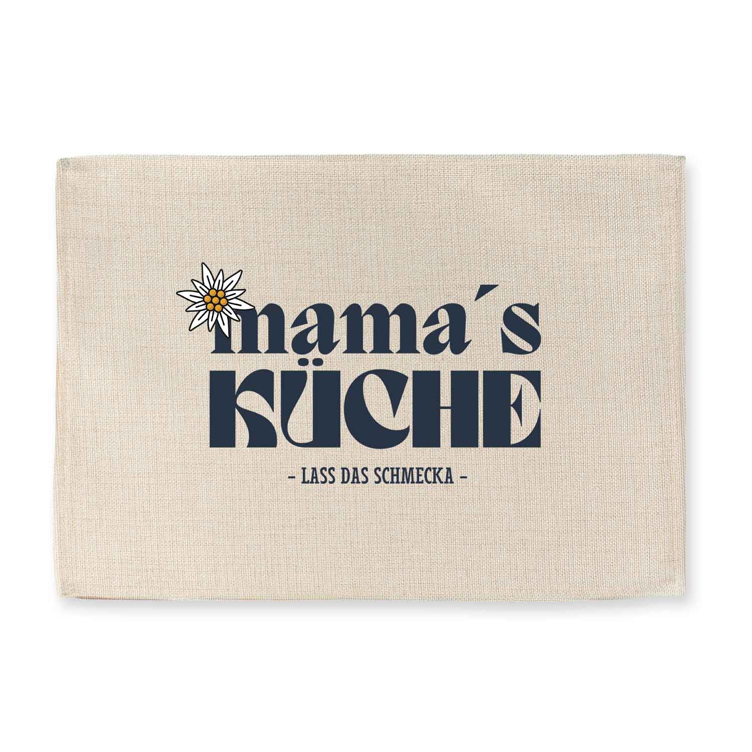 Beiges Tischset "Mama´s Küche" mit Edelweiß-Motiv und Schriftzug "Lass das schmecka" für Esstisch.