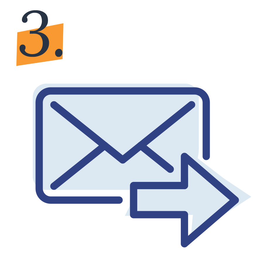 Schritt 3: Symbol einer E-Mail mit einem Pfeil nach rechts, der das Weiterleiten oder Senden darstellt.