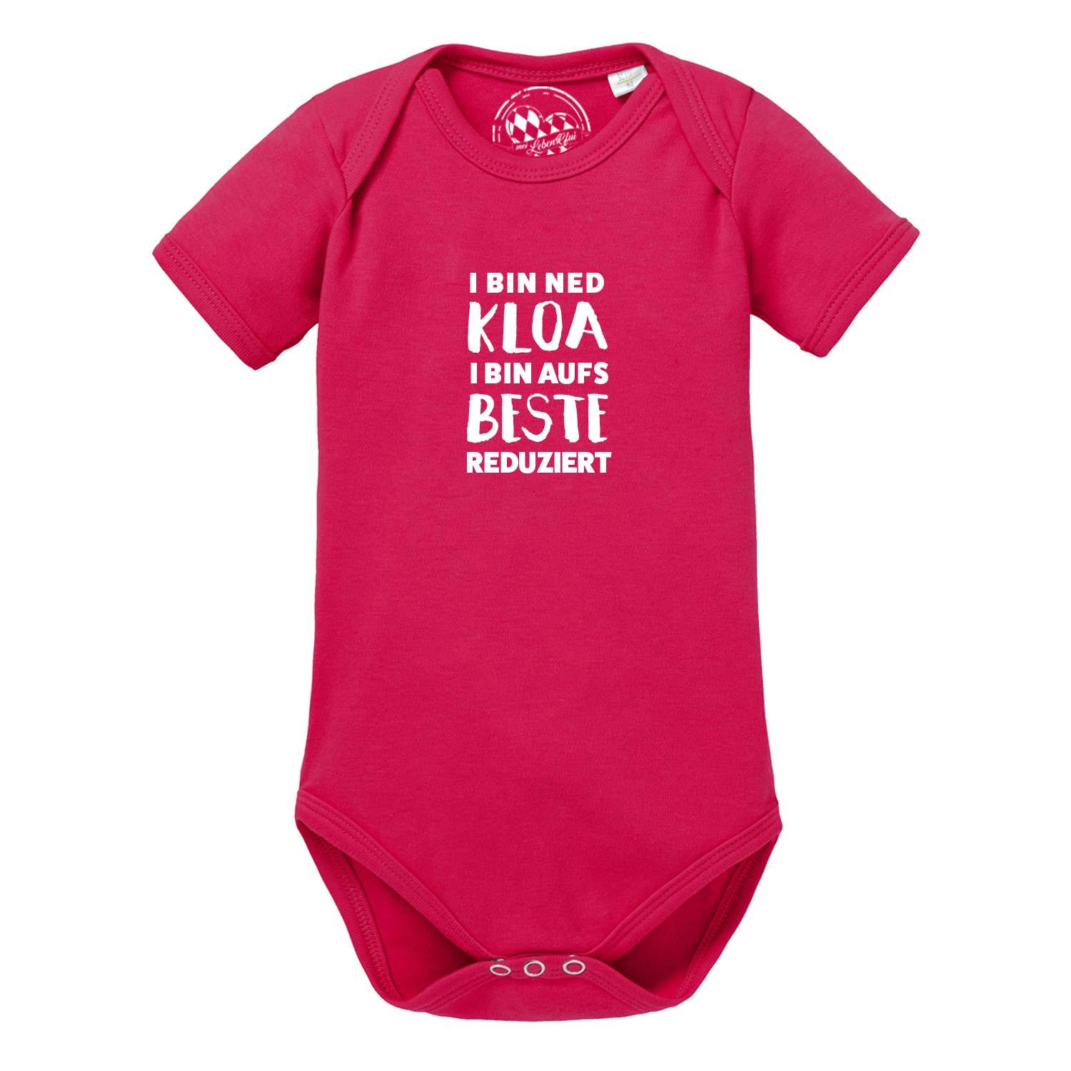 Baby Body "aufs Beste reduziert" in leuchtendem Pink mit lustigem, weißem Spruch.