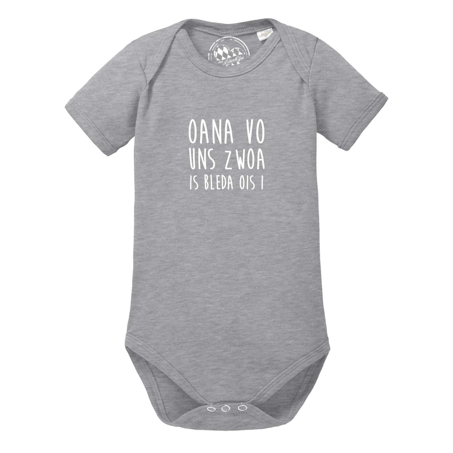 Grauer Baby Body "Bleda ois i!" mit weißem Scherzaufdruck für Babys und Kleinkinder, weiche Baumwolle.