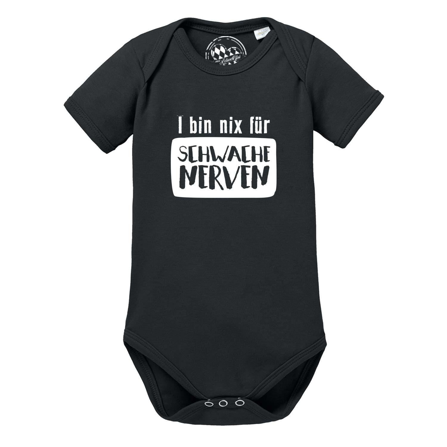 Schwarzer Baby Body "für schwache Nerven" mit weißem Spruchdruck, kurzer Ärmel und drei Druckknöpfen.