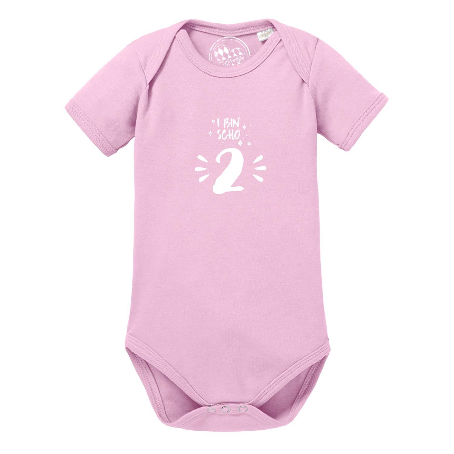 Rosa Baby Body I bin scho 2! mit weißem Druck und kurzen Ärmeln für den zweiten Geburtstag.