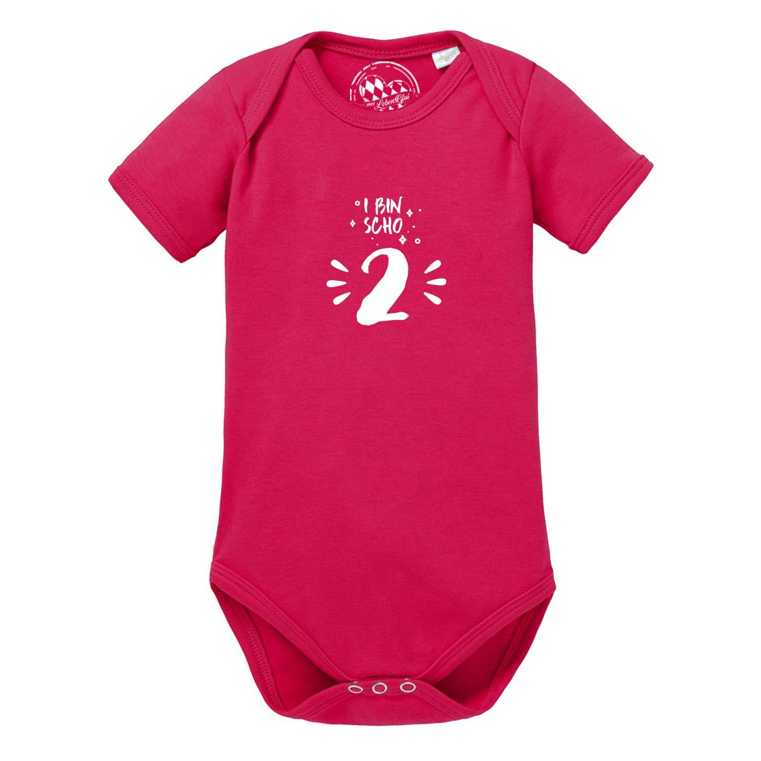 Baby Body I bin scho 2 in leuchtendem Pink mit weißem Spruch und Zahl, Kurzarm, Rundhals