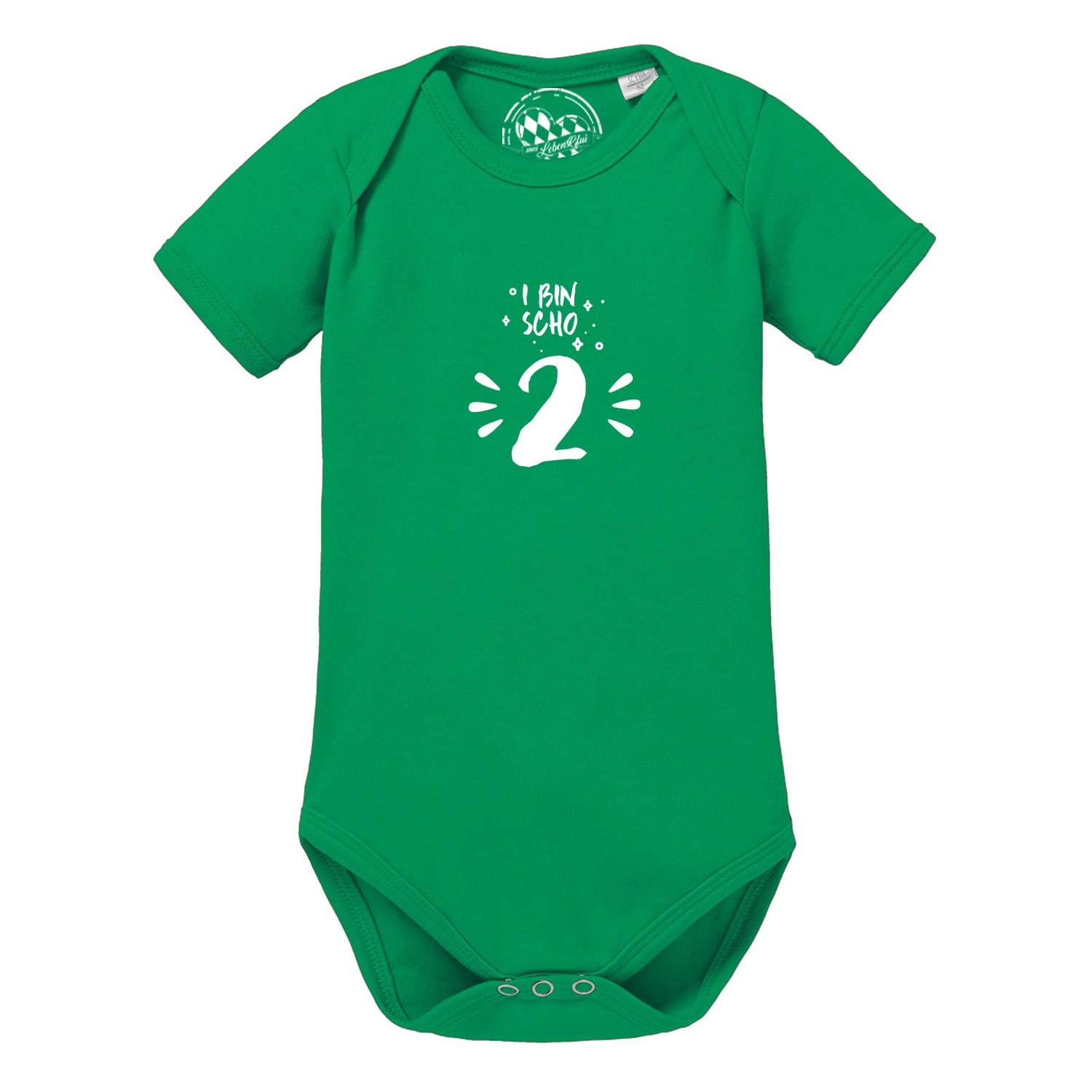 Grüner Baby Body I bin scho 2 mit weißem Aufdruck zum zweiten Geburtstag und kurzen Ärmeln