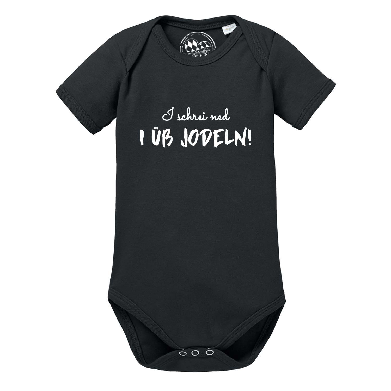 Schwarzer Baby Body "I üb jodeln" mit lustigem, weißem Spruch für Jungen und Mädchen.