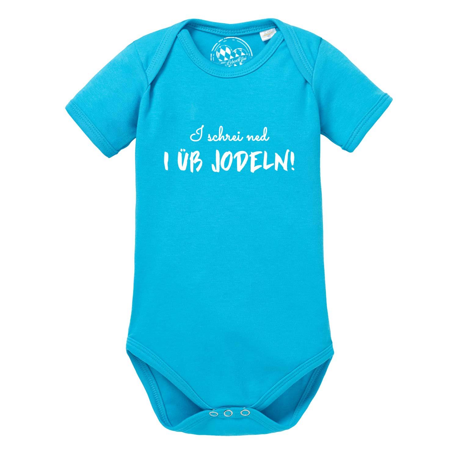 Baby Body "I üb jodeln" in Türkis mit weißem Spruch für Jungen und Mädchen, kurze Ärmel, Druckknöpfe