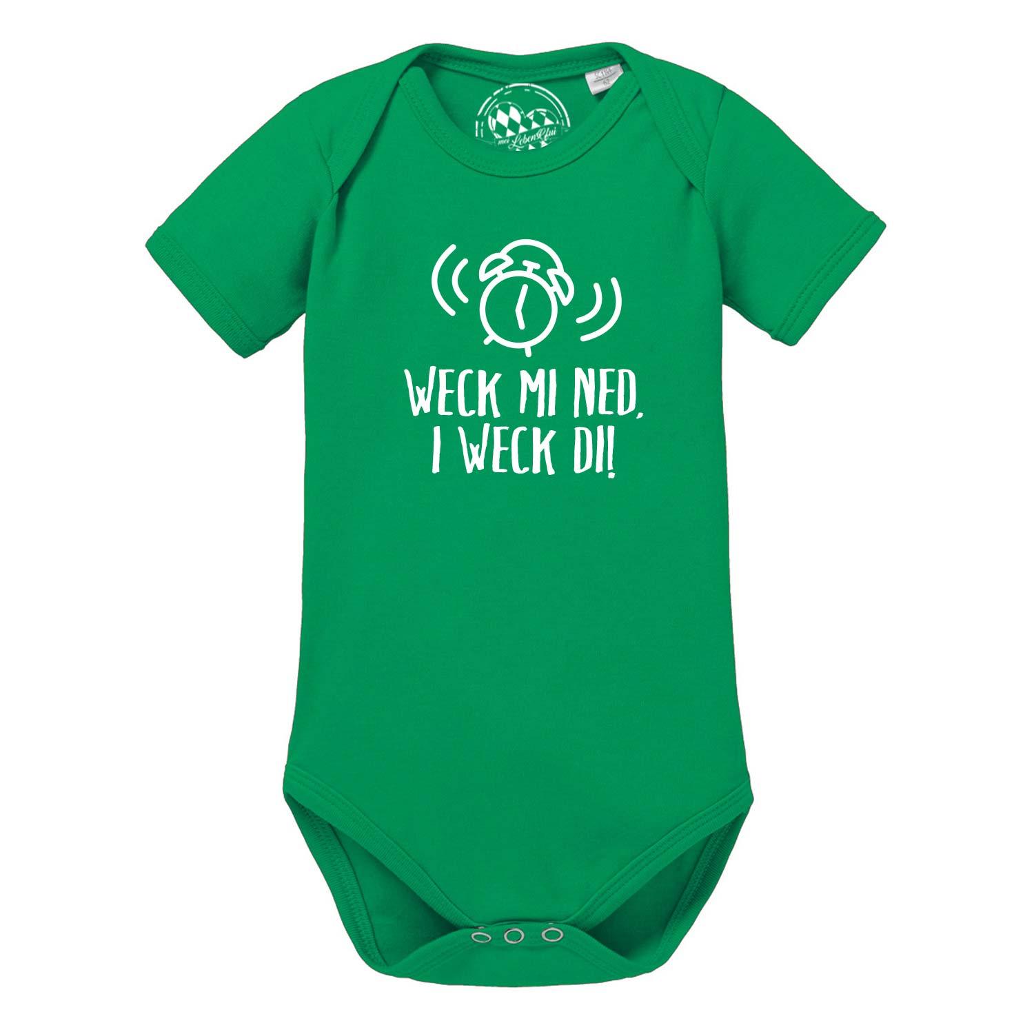 Grüner Baby Body I weck di! mit weißem Wecker-Motiv und lustigem Spruch für Neugeborene