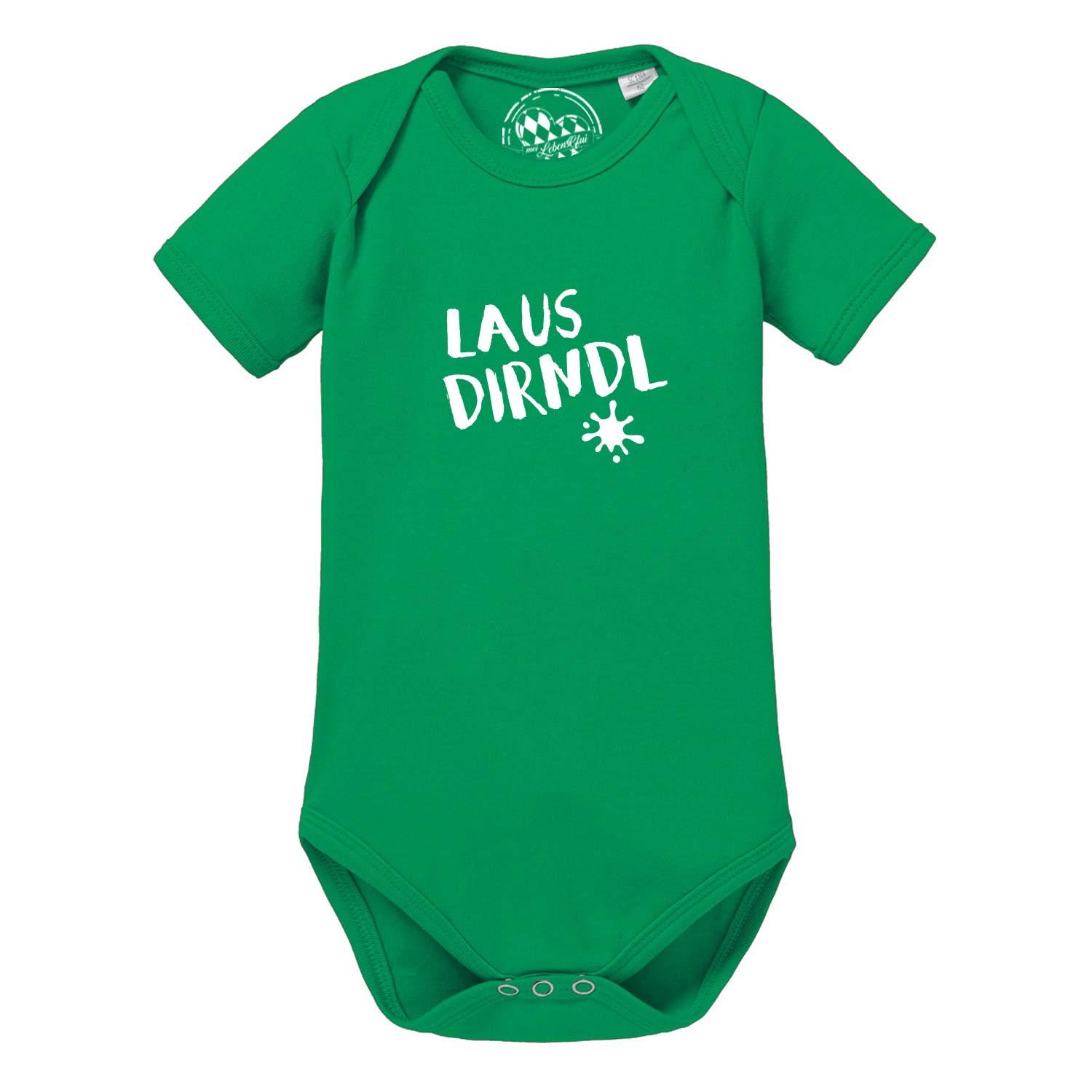 Grüner Baby Body "Lausdirndl" mit weißem Schriftzug und Spritzer, Kurzarm und Druckknöpfen im Schritt.