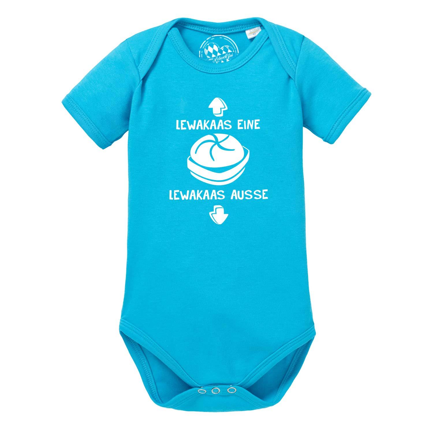 Baby Body Lewakaas in Türkis mit weißem Aufdruck und Brezel-Karikatur, kurzärmelig, für Jungen oder Mädchen.