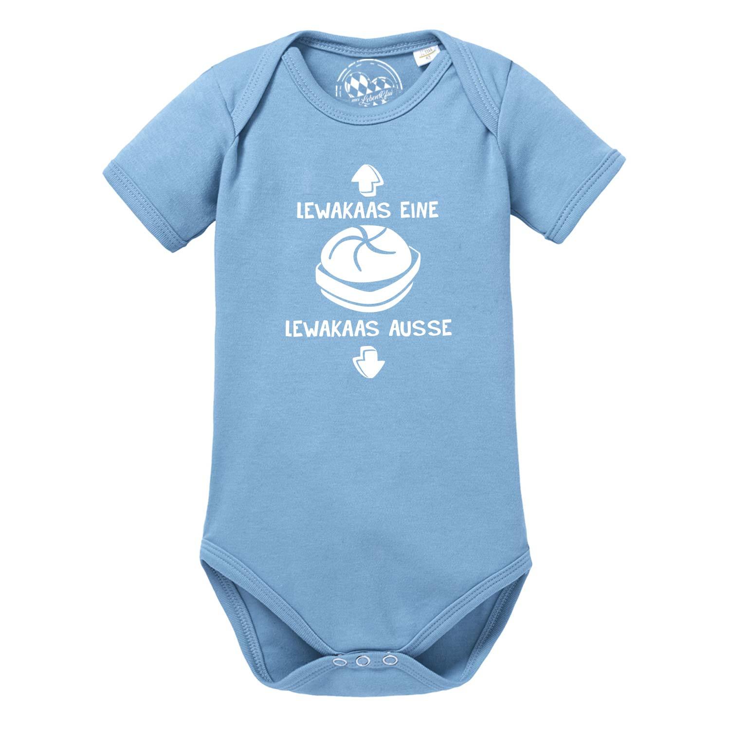 Blauer Baby Body "Lewakaas" mit weißem bayerischen Spruch und Semmel-Motiv, kurzärmlig.