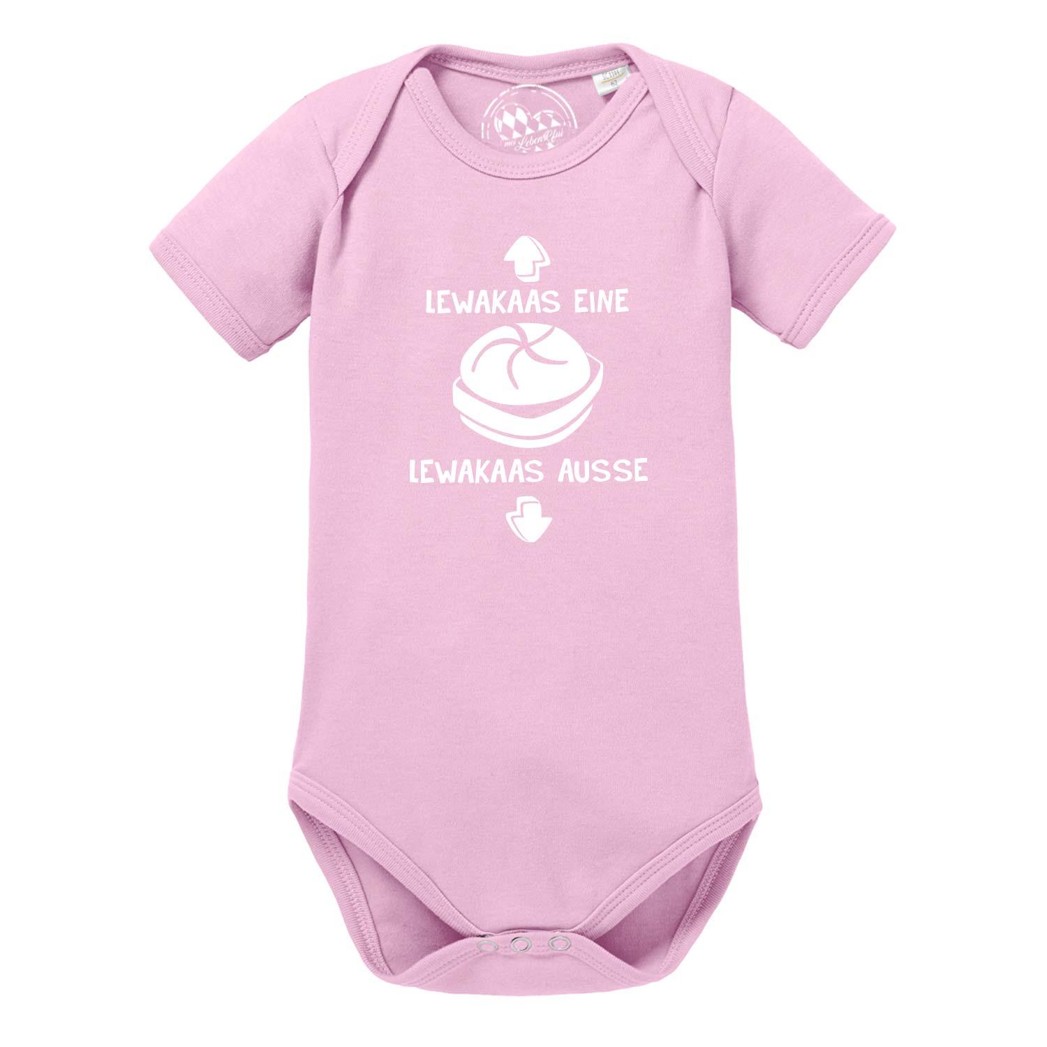 Baby Body "Lewakaas" in hellem Flieder mit weißem Brotlaib-Spruch und Druckknöpfen, kurze Ärmel.