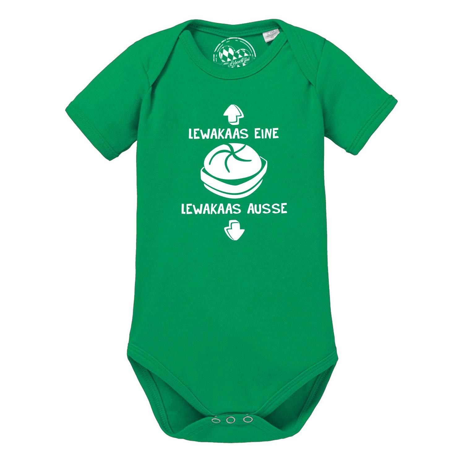 Grüner Baby Body Lewakaas mit weißem Leberkäse-Brötchen-Motiv und lustigem Spruch.