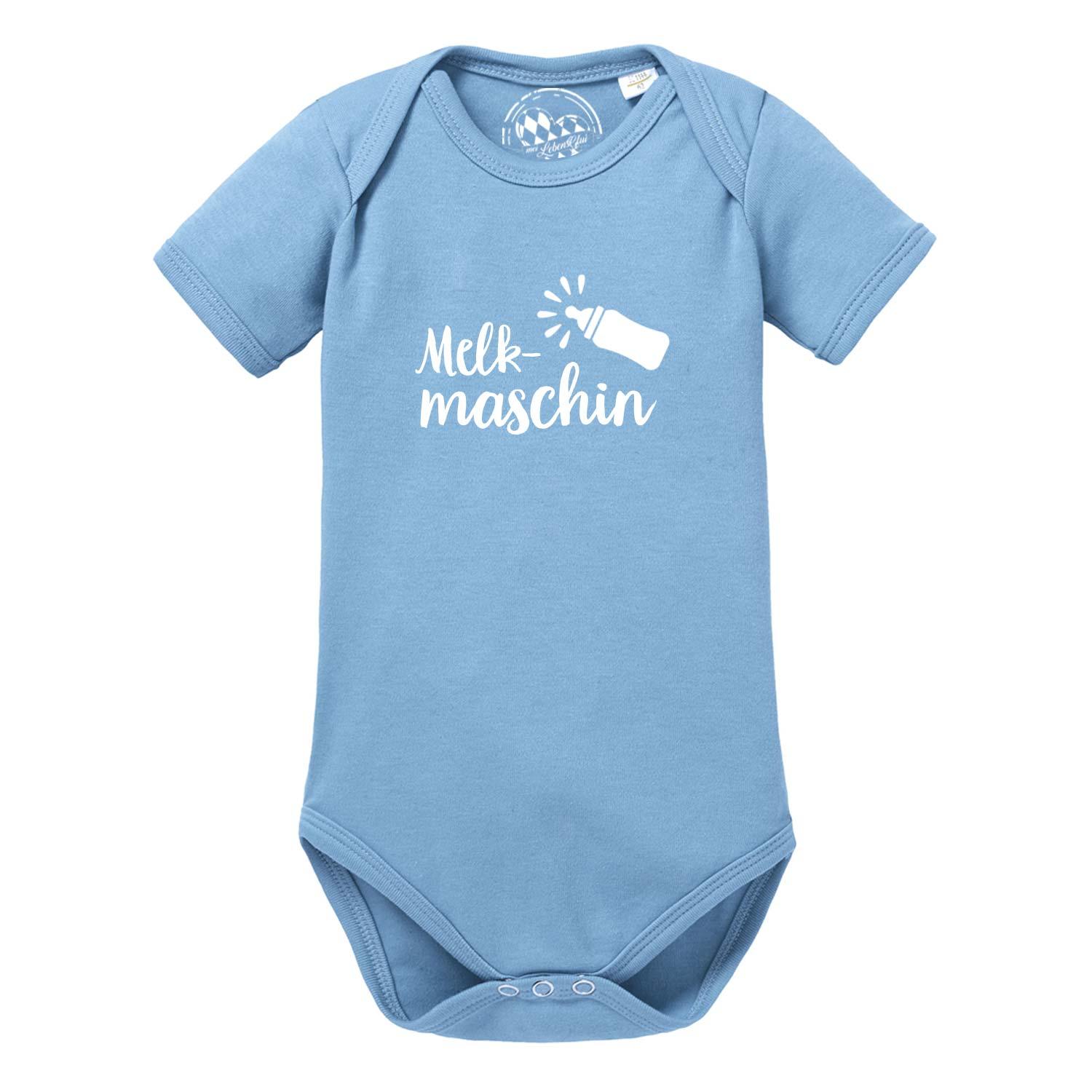 Baby Body Melkmaschin in Hellblau mit weißem Aufdruck einer Babyflasche und Schriftzug Melk-maschin