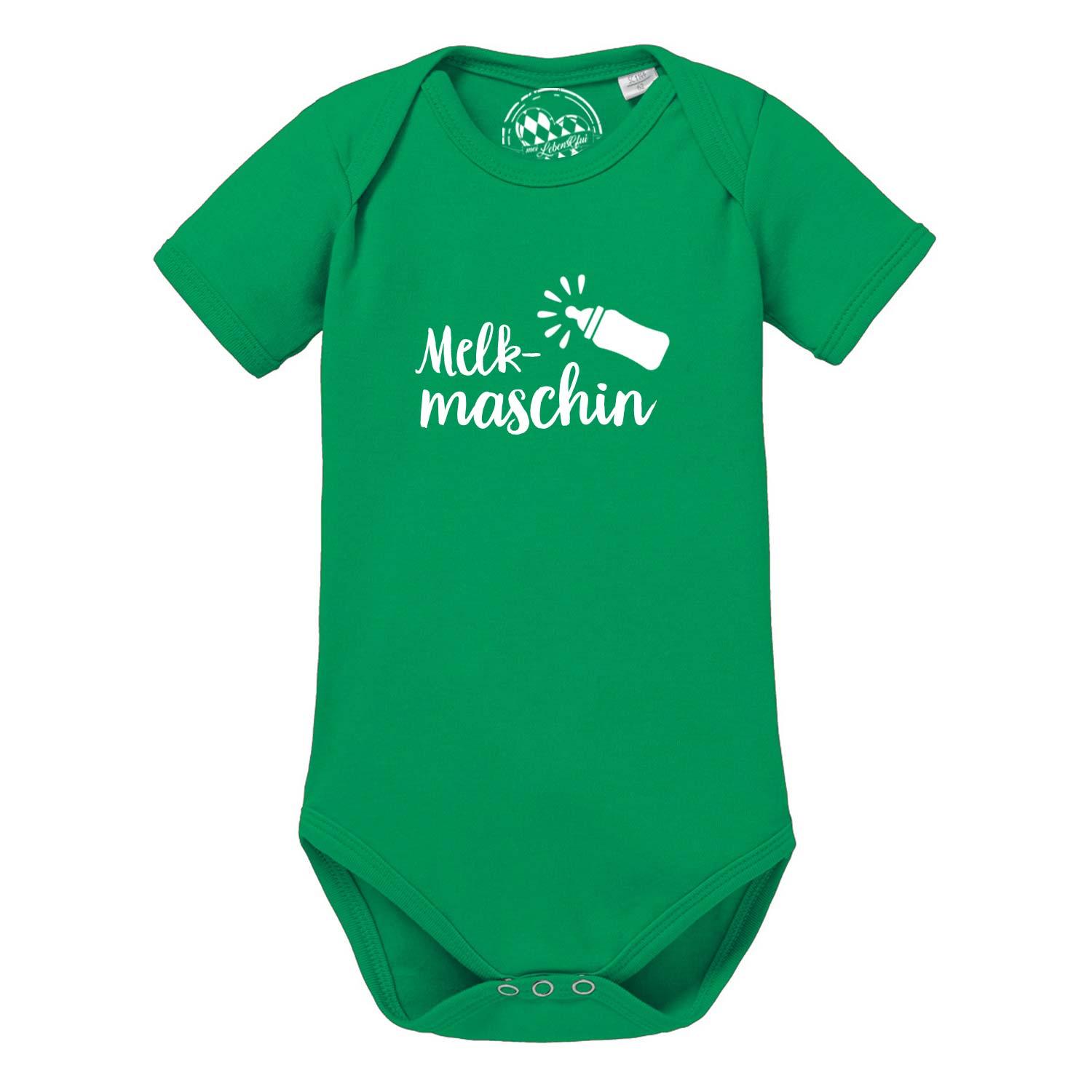 Grüner Baby Body Melkmaschin mit weißem Aufdruck einer Babyflasche und Schriftzug Melkmaschin