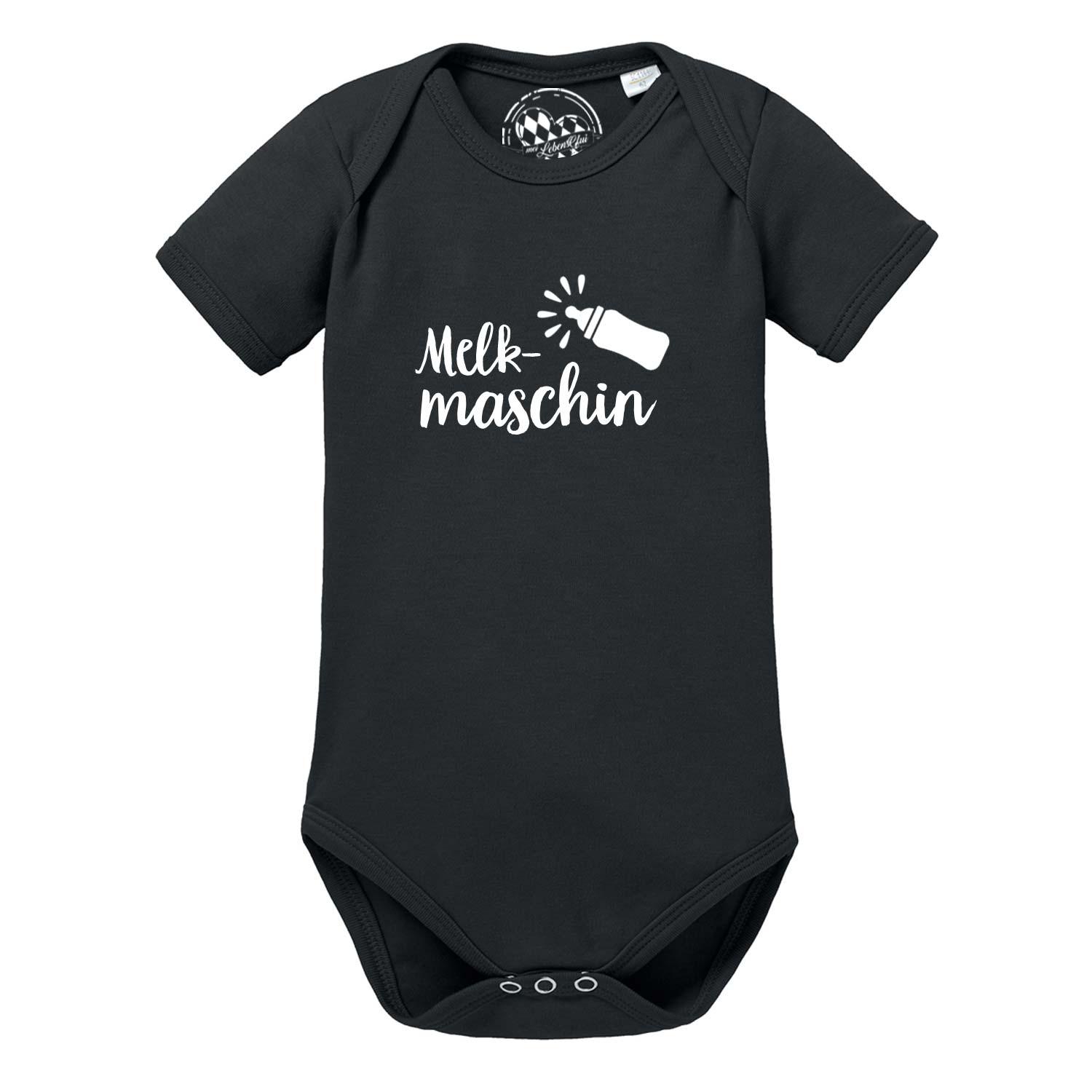 Schwarzer Baby Body Melkmaschin mit weißem Aufdruck und Babyflasche Motiv für Jungen und Mädchen