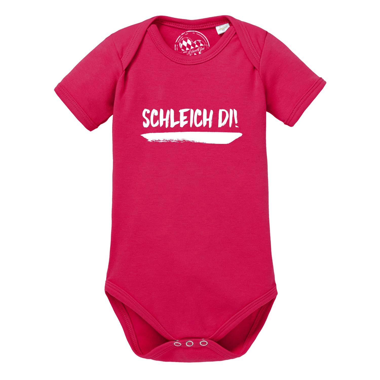 Fuchsiafarbener Baby Body Schleich di mit weißem Spruch und kurzen Ärmeln für Kleinkinder.