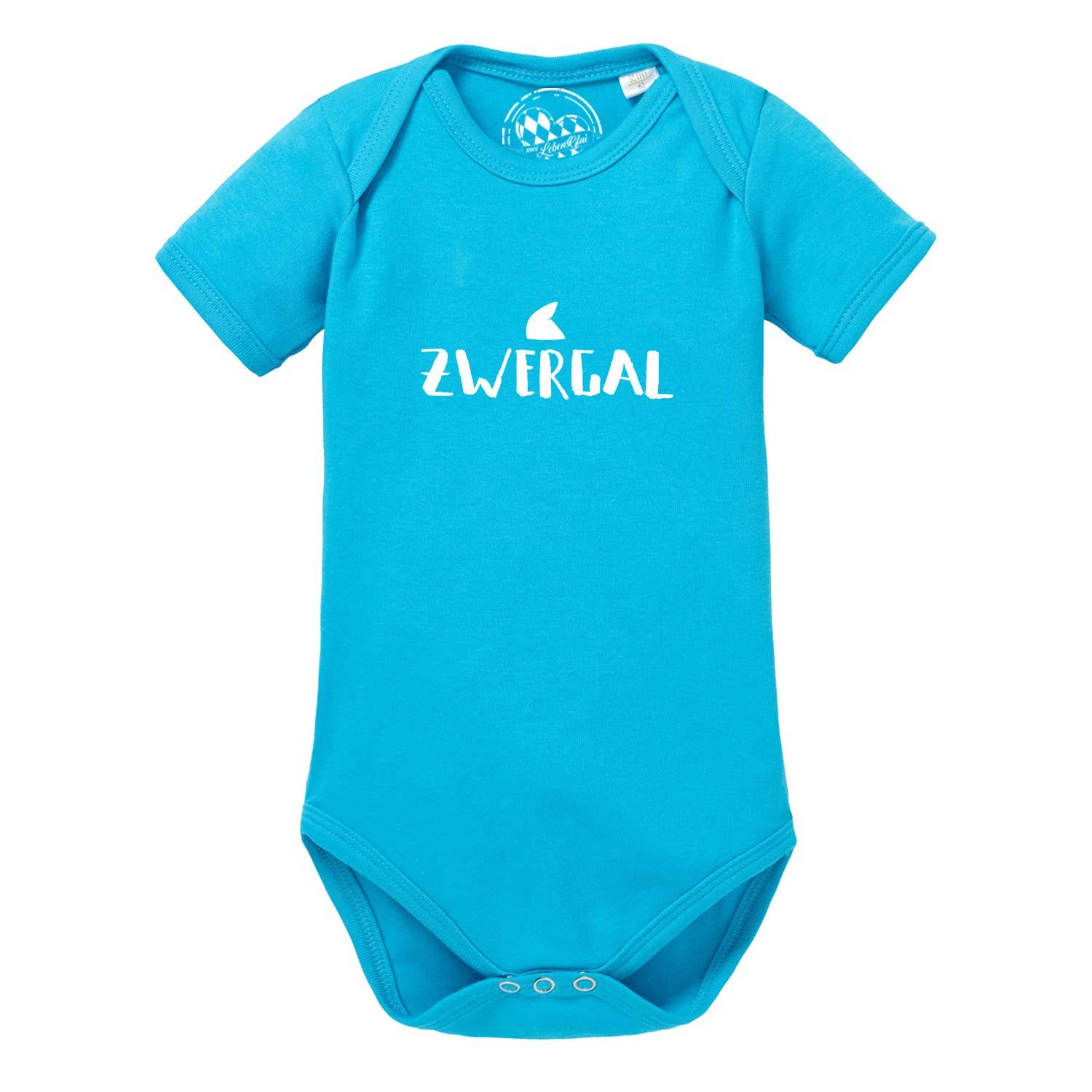 Baby Body "Zwergal" in leuchtendem Türkis mit weißem "Zwergal" Aufdruck und kurzen Ärmeln.