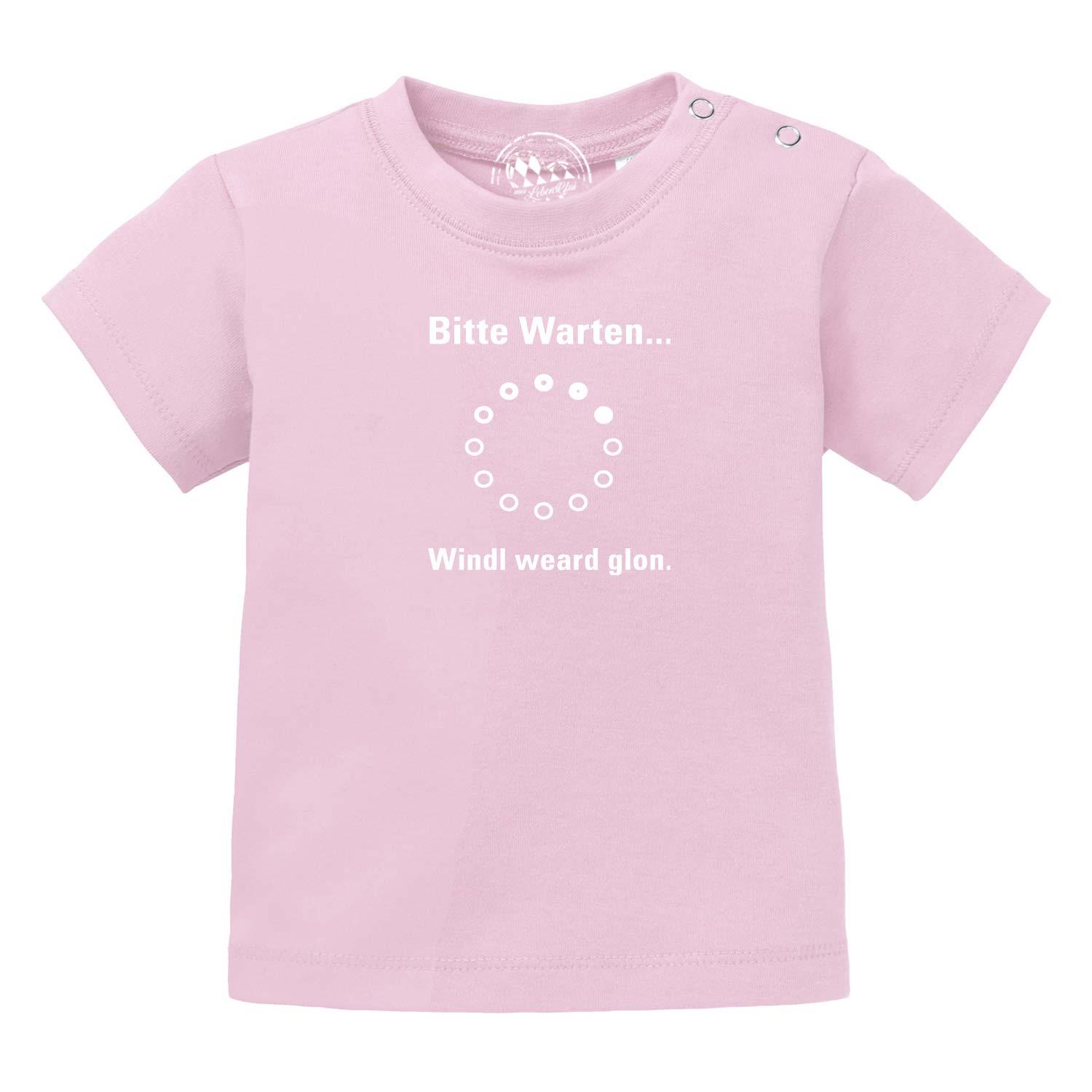 Rosa Baby T-Shirt Bitte wartn… mit Ladebalken-Motiv und bayerischem Spruch Windl weard glon.