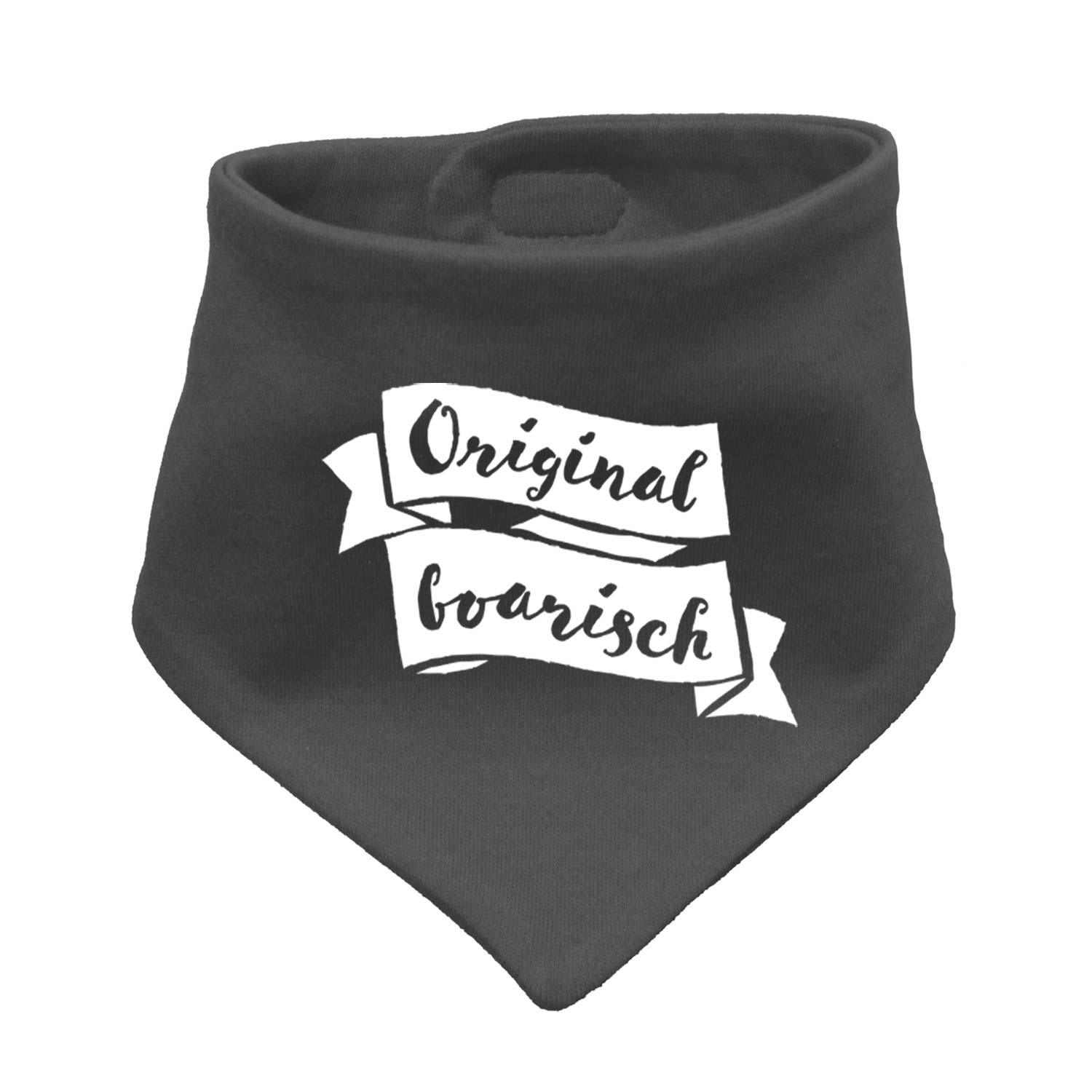 Dunkelgraues Babyhalstuch Original boarisch mit weißem Schriftzug, weicher Stoff.