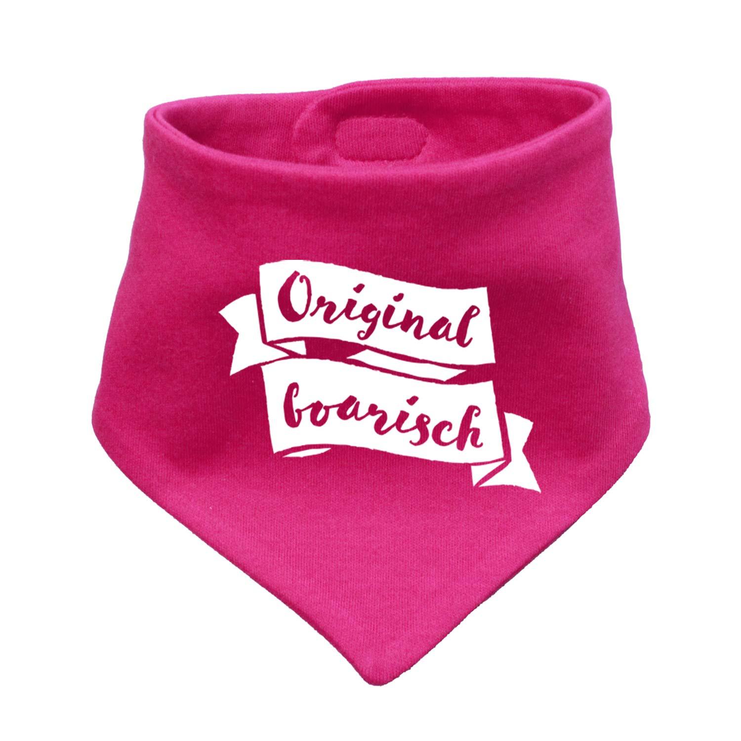 Pinkes Babyhalstuch "Original boarisch" mit weißem Schriftzug auf verspieltem Bannerdesign, weicher Musselin.
