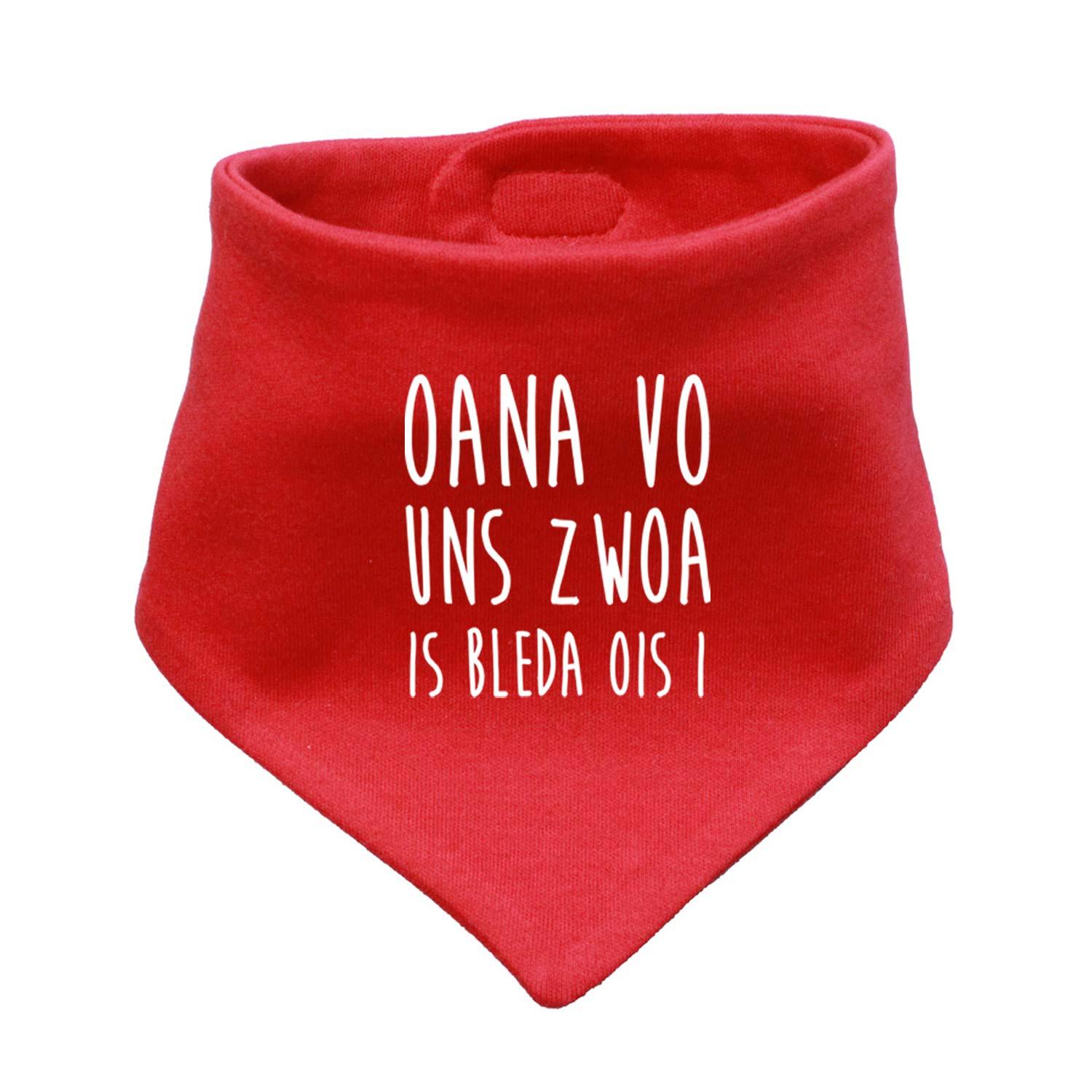 Babyhalstuch "Bleda ois i!" in Rot mit witzigem weißem Spruch, weiches Stoff-Lätzchen für Babys.