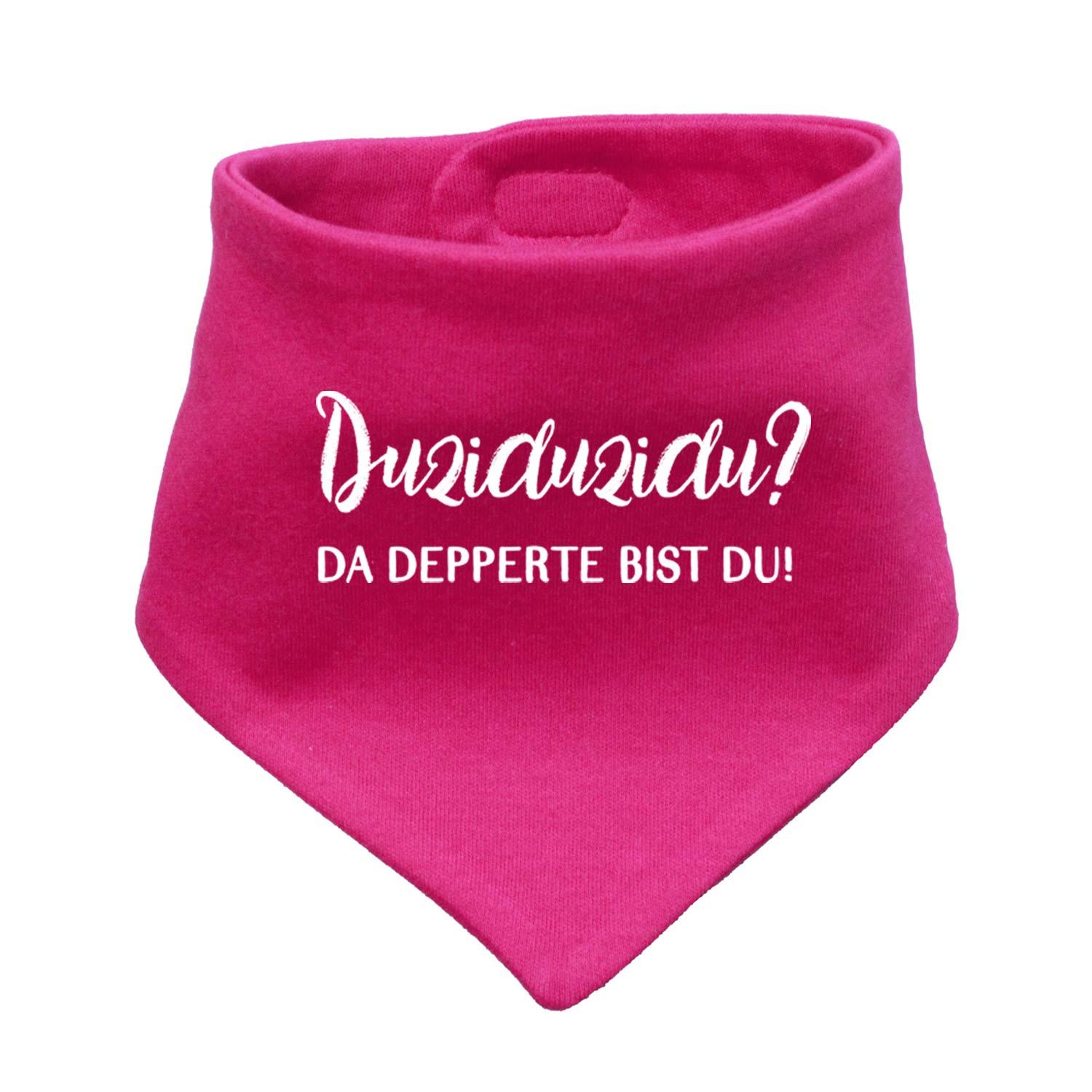 Babyhalstuch "Duziduzidu…" in kräftigem Pink mit weißem Schriftzug und Druckknöpfen, weicher Baumwollstoff.