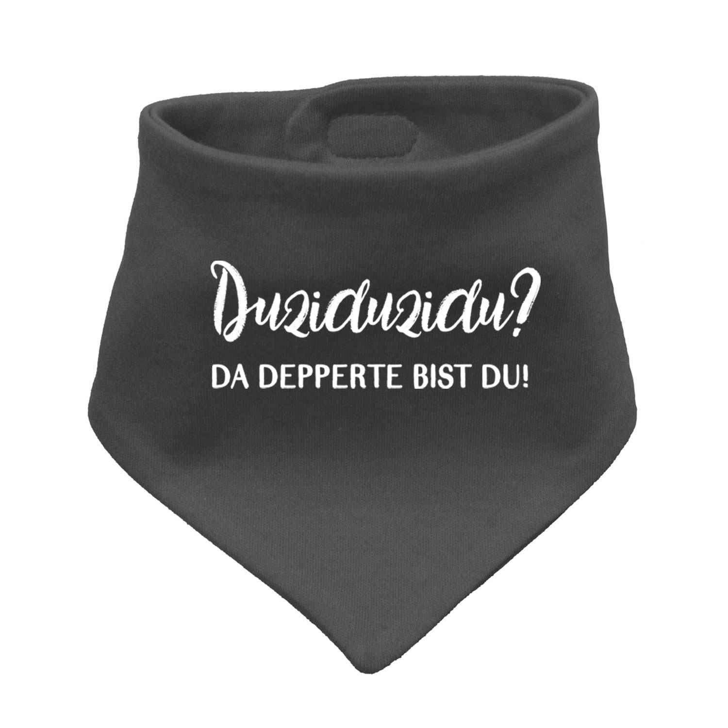 Dunkelgraues Babyhalstuch "Duziduzidu…" mit lustigem weißem Spruch für Babys und Kleinkinder.
