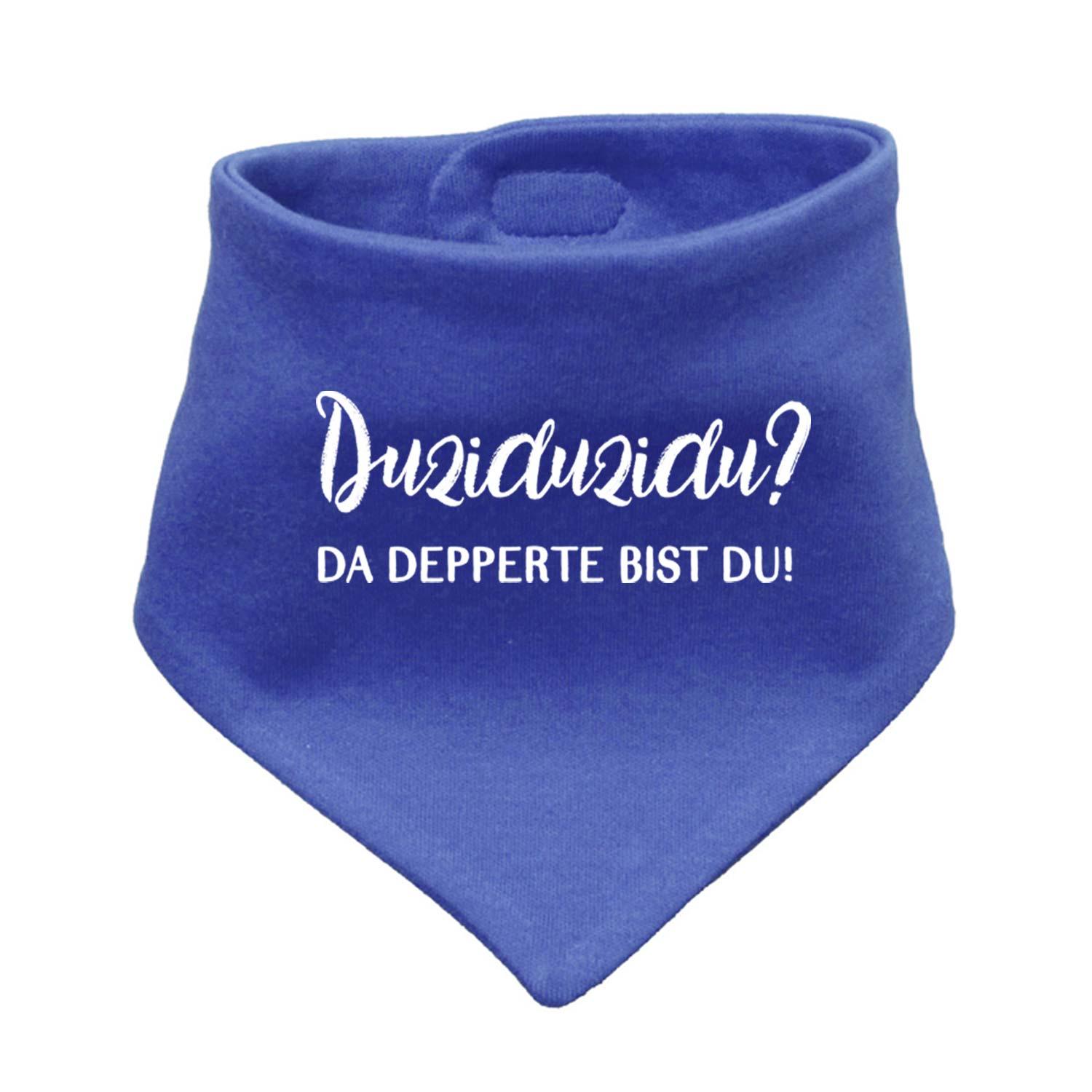 Blaues Babyhalstuch "Duziduzidu..." mit weißem Schriftzug Spruch für Jungen und Mädchen
