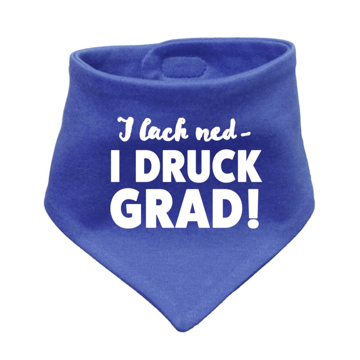 Blaues Babyhalstuch "I lach ned... I DRUCK GRAD!" mit weißem Spruch. Süßes Lätzchen für Babys.