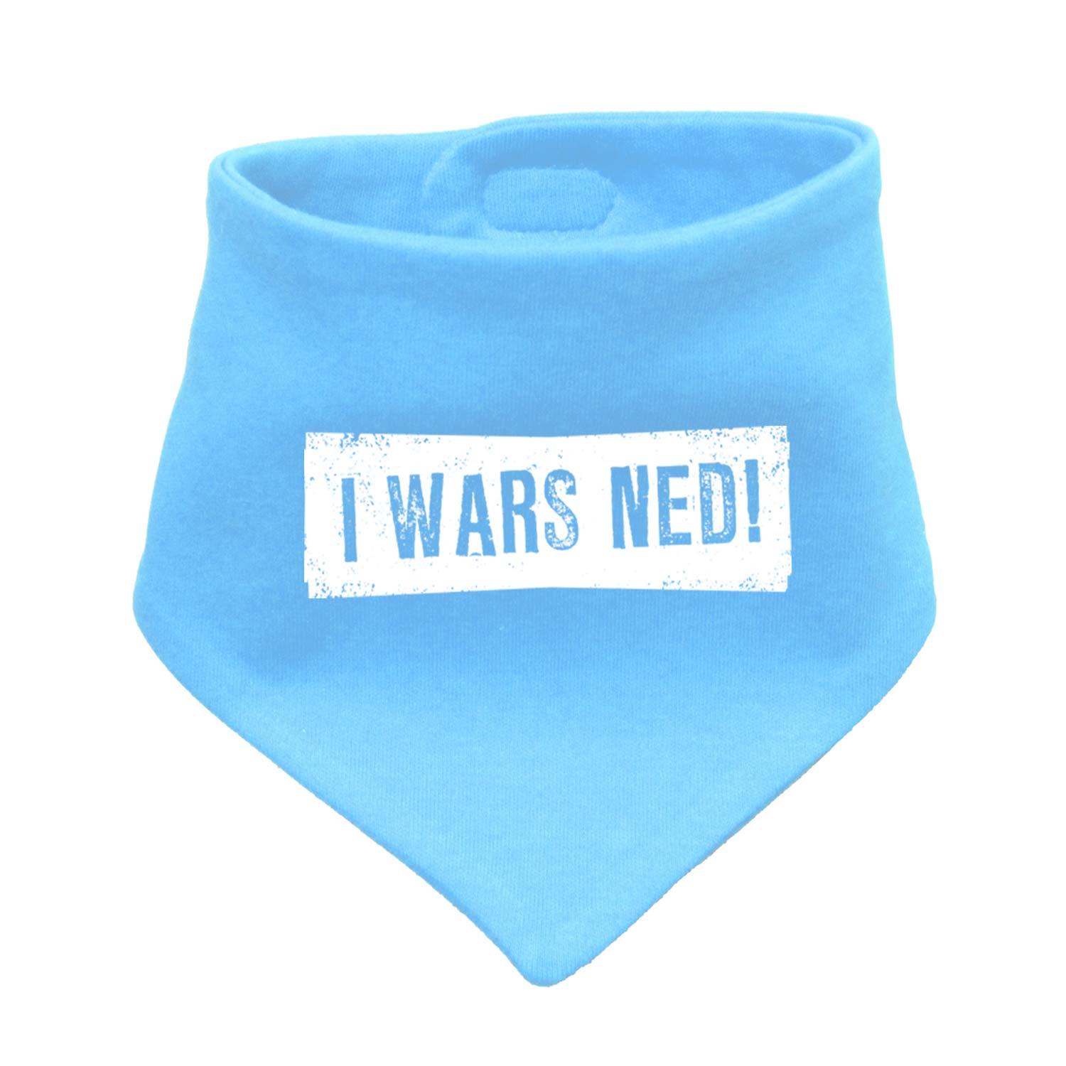 Blaues Babyhalstuch "I wars ned!" mit weißem Print und Klettverschluss für Babys.