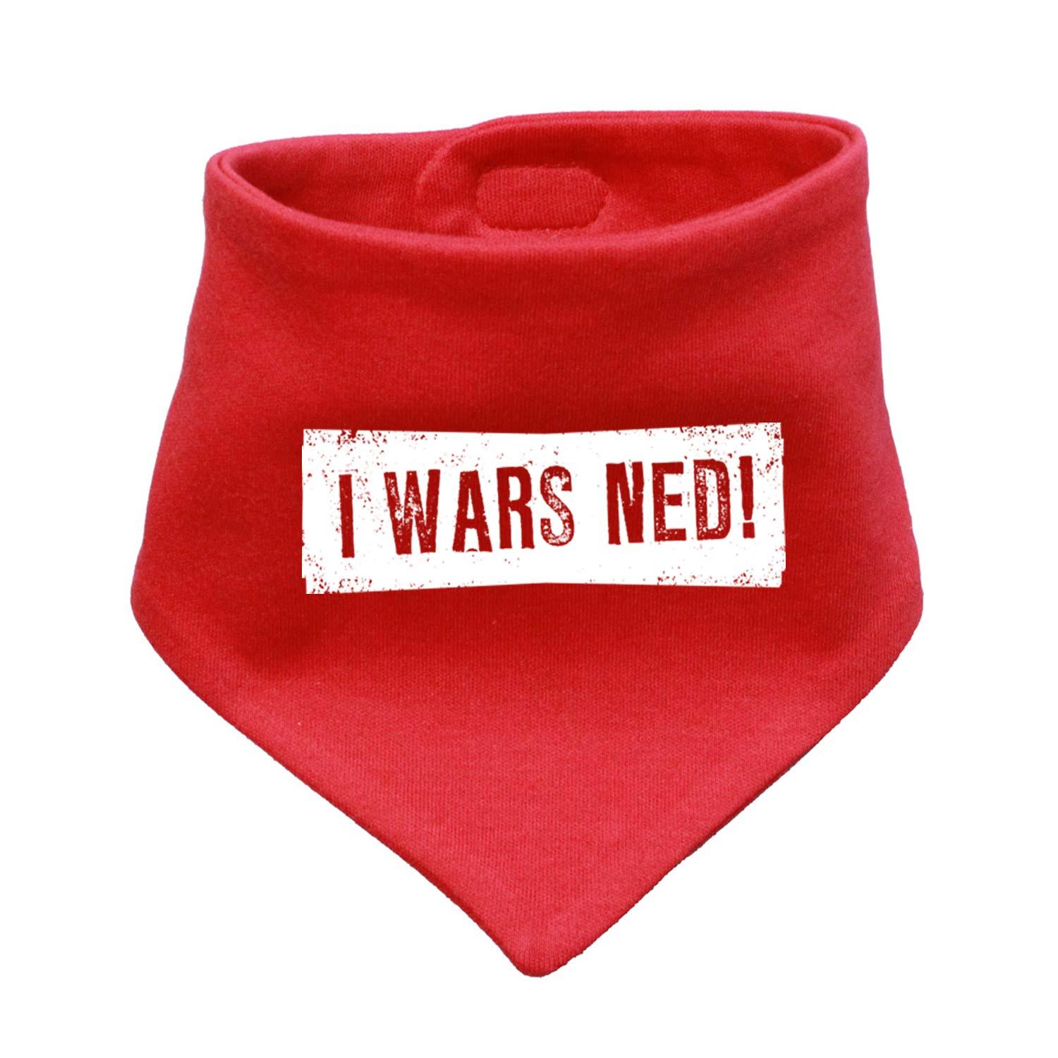 Rotes Babyhalstuch "I wars ned!" aus weicher Bio-Baumwolle mit weißem, verspieltem Schriftzug für Babys.
