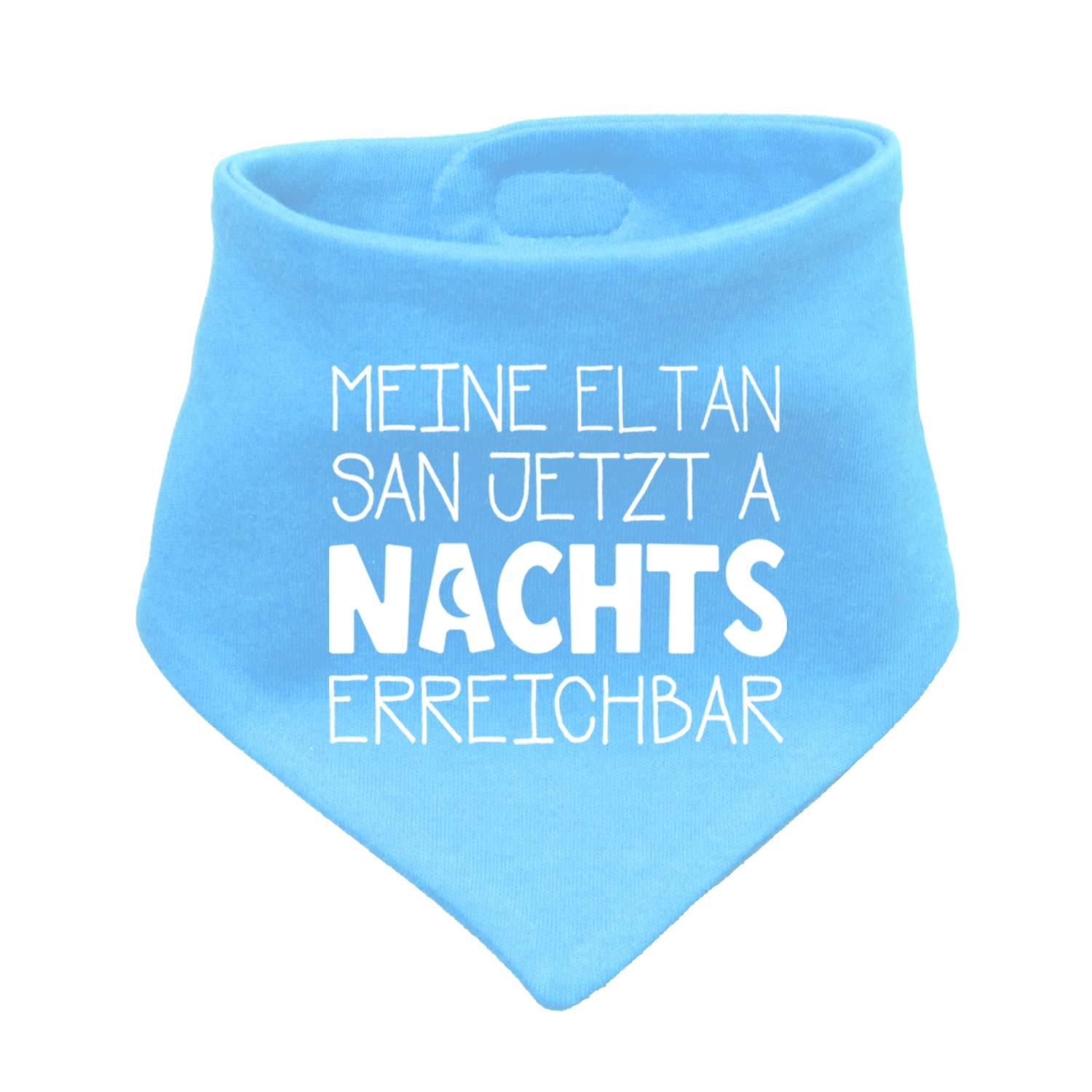 Helles Babyhalstuch "Nachts erreichbar!" in Blau mit weißem Spruch für Babys und Kleinkinder.