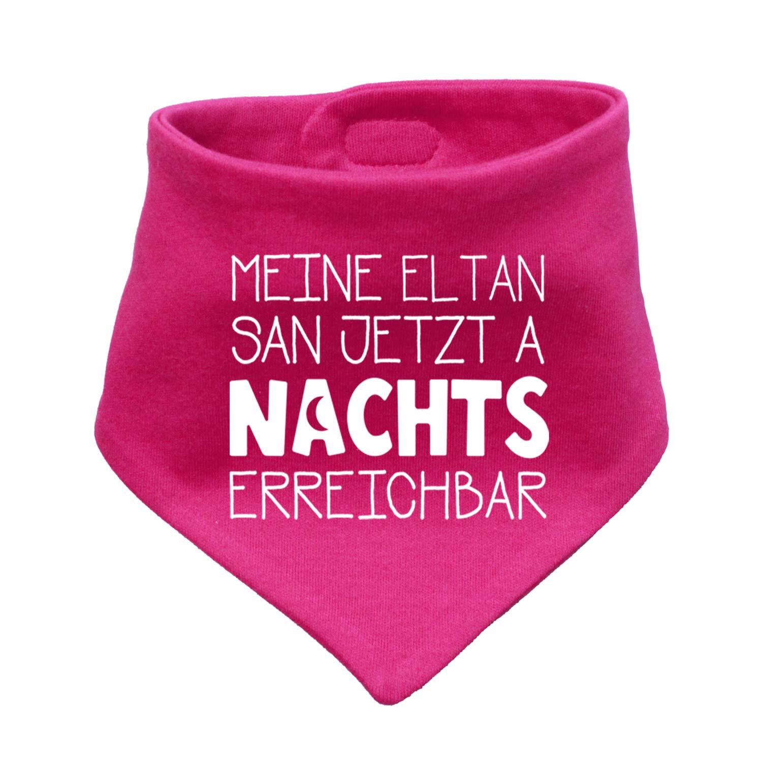 Babyhalstuch Nachts erreichbar in kräftigem Pink mit weißem Spruch. Süßes Dreieckstuch für Babys mit Humor.