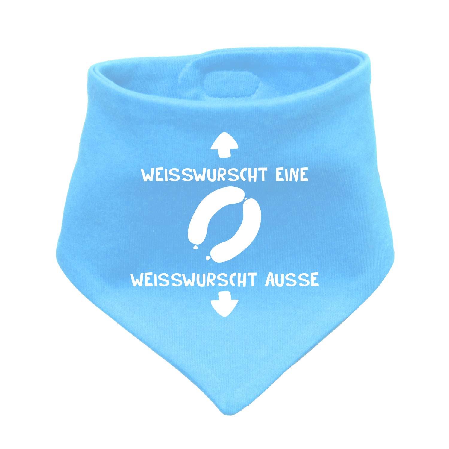 Babyhalstuch Weißwurscht in Hellblau mit lustigem Spruch und Würstchen-Motiv, weicher Baumwollstoff