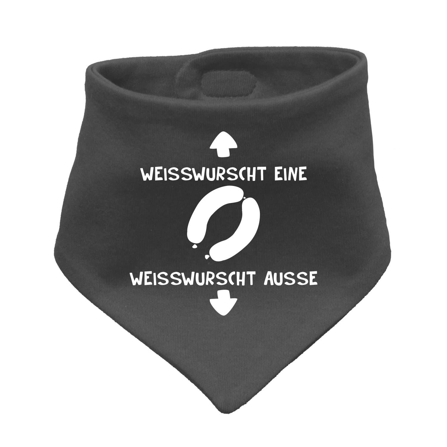 Graues Babyhalstuch "Weisswurscht" mit lustigem Aufdruck, stilvoll und praktisch für Babys.