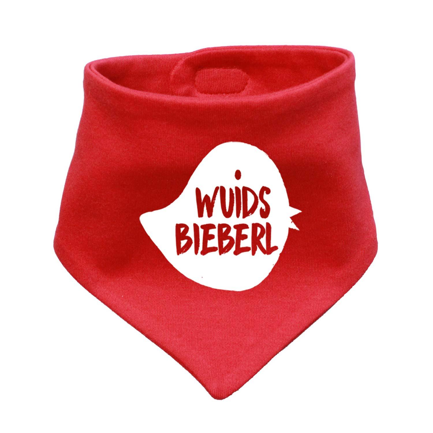 Rotes Babyhalstuch Wuids Bieberl aus Baumwolle mit weißem Aufdruck und Klettverschluss für Kleinkinder