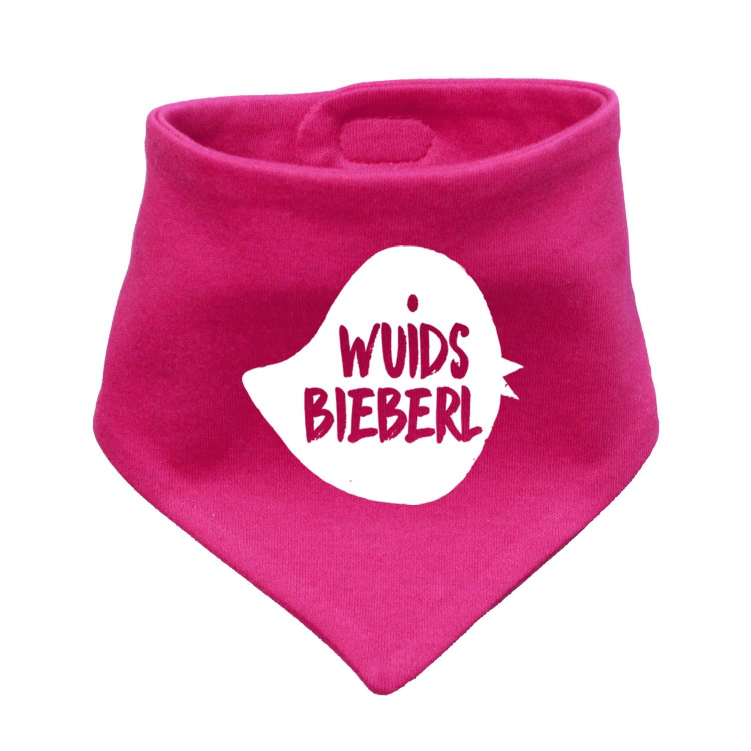 Babyhalstuch Wuids Bieberl, leuchtend Pink mit weißem Sprechblasen-Druck für Babys und Kleinkinder.