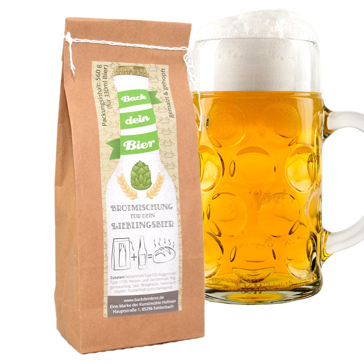 Back dei Bier" Brotmischung für Lieblingsbier mit Bierkrug: 560g Packung auf weißem Hintergrund.