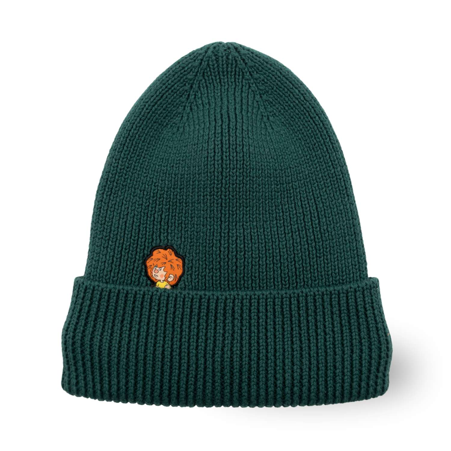 Dunkelgrüne Pumuckl Beanie aus Baumwolle mit gesticktem Pumuckl-Kopf-Patch, gerippter Krempe.