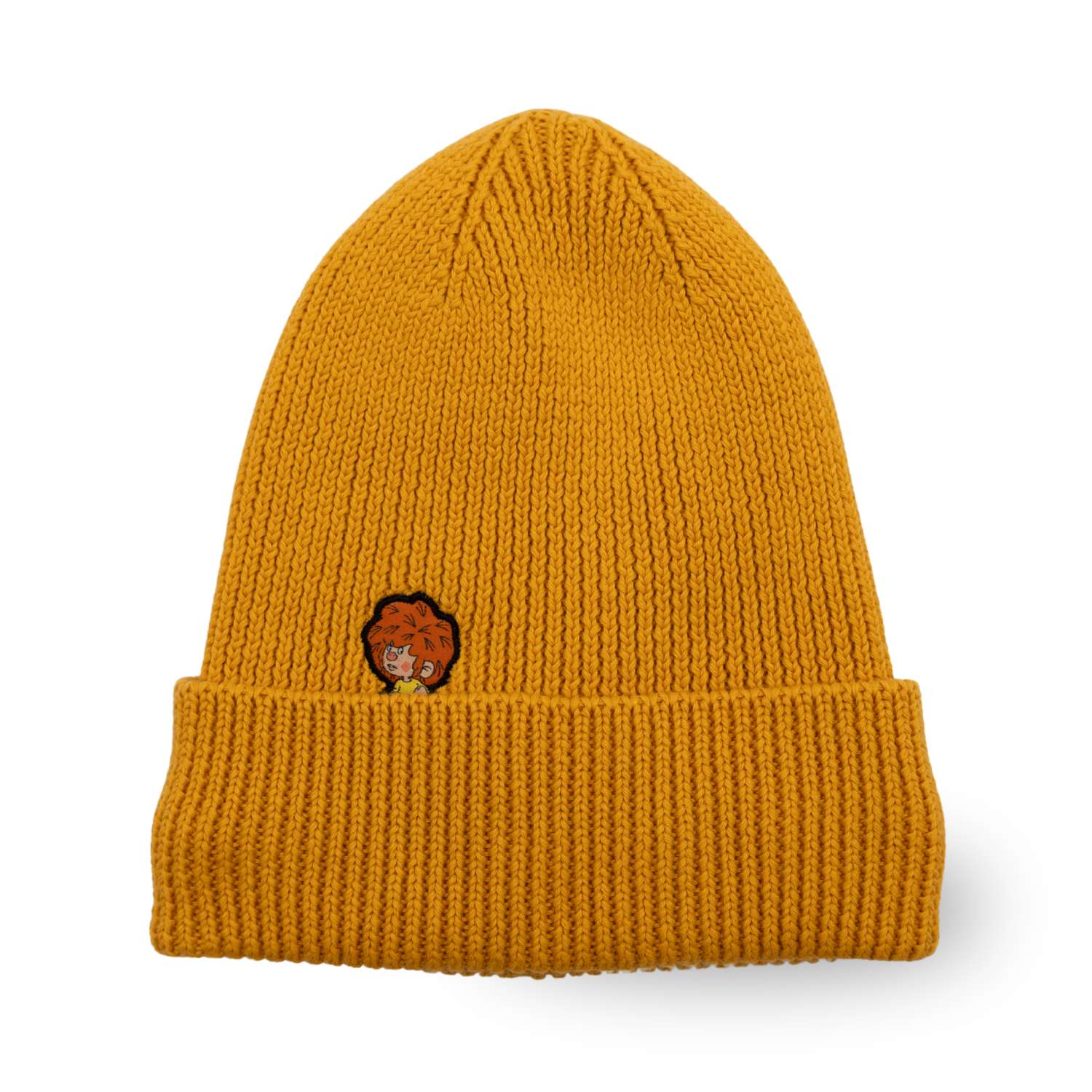 Senfgelbe Pumuckl Beanie aus Baumwolle mit gesticktem Pumuckl-Motiv auf dem Umschlag, gerippte Strickqualität.