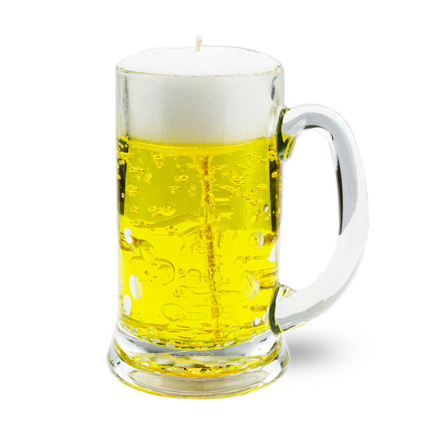 Boarische Bier-Kerze im Kruag mit gelber Gelwachs-Füllung und realistischer Schaumkrone, Details wie im Bierkrug.